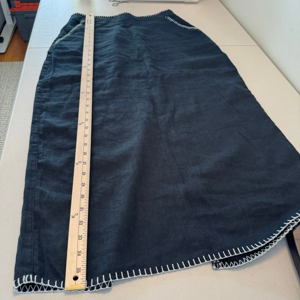 Rachel Zoe Flax Linen Midi Skirt 6 Black Blanket Stitch Minimalist Quiet‎ Luxury